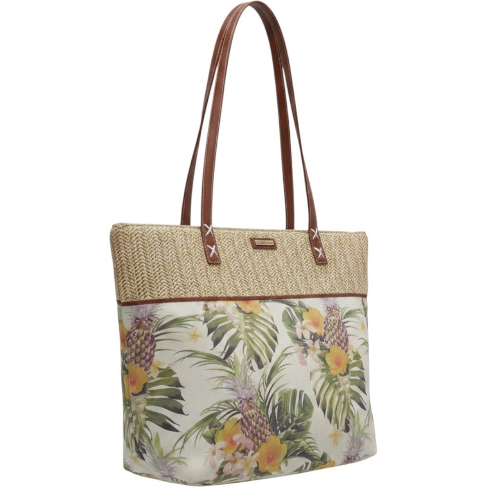 Caribbean Joe Tropical Pineapple Straw Tote Bag Woven Beach Shoulder Bag Cream